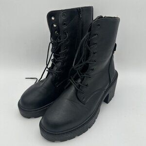 Chunky Black Leather Platform Combat Boots Lace Up Zip Side Womens Shoes 9
